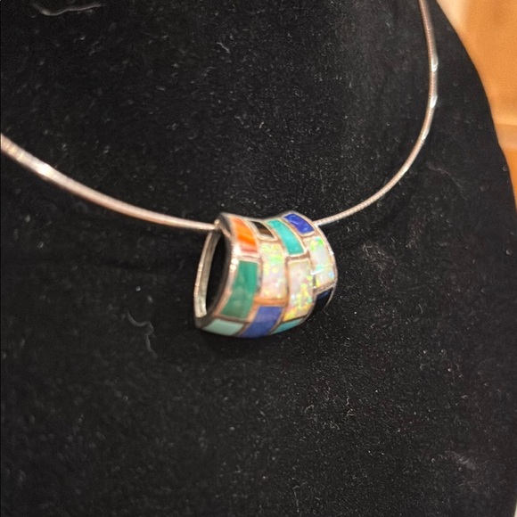 Sterling Silver Stone inlay Slide Pendant on 925 wire choker Necklace. - Picture 2 of 9